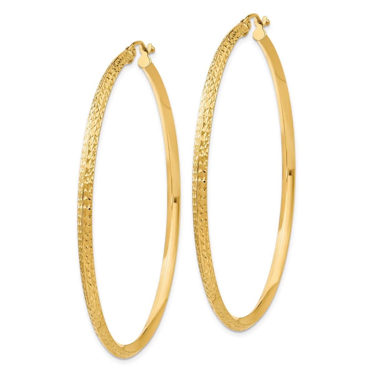 A pair of gold hoop earrings with textured outer surfaces and smooth inner surfaces, displayed against a white background.