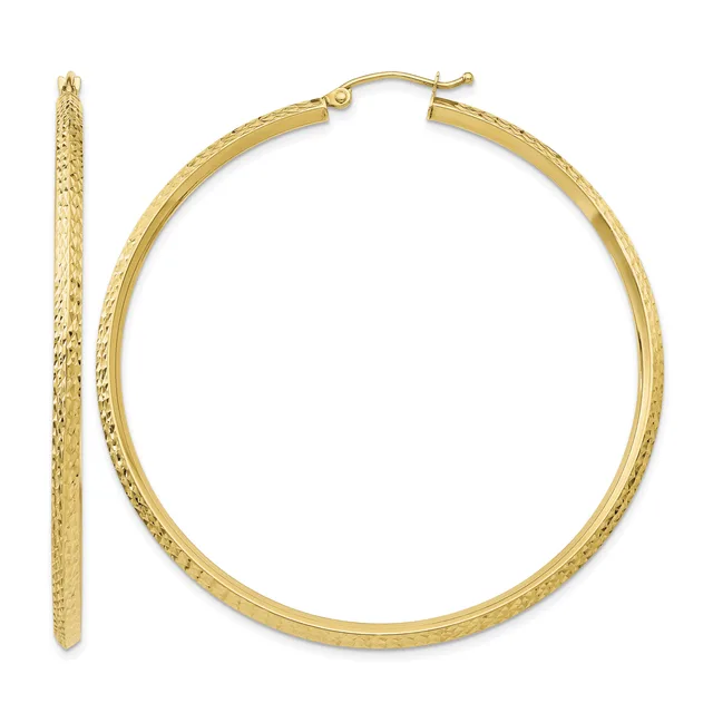 A pair of gold hoop earrings with a textured surface finish, shown from the front and side views.