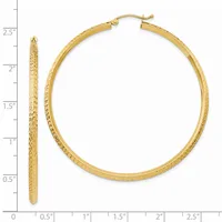 Gold textured hoop earrings with hinged closures, shown from front and side view against a measurement scale.