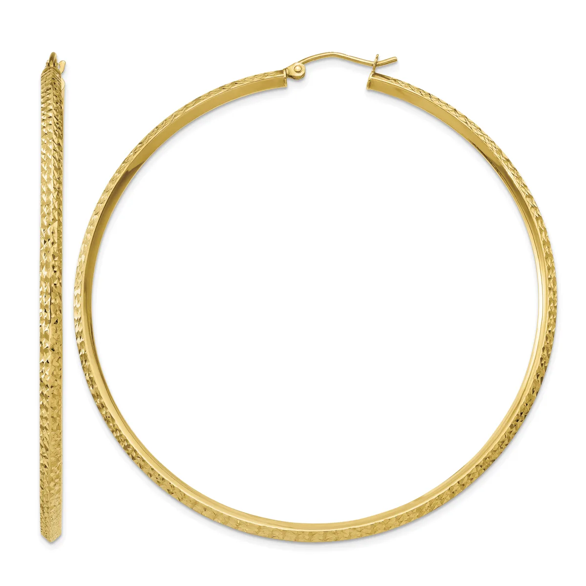 Pair of gold hoop earrings with a textured hammered surface, shown from front and side views.