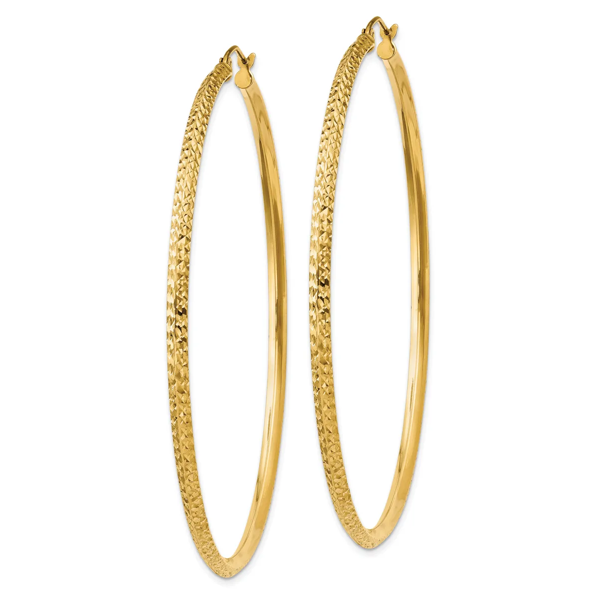 A pair of large gold hoop earrings with textured outer surfaces and polished inner surfaces, shown against a white background.