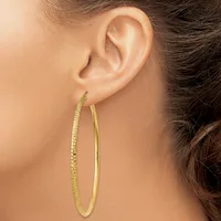 A woman wearing two gold hoop earrings of different textures—one with a hammered finish and one smooth—viewed from the side profile.