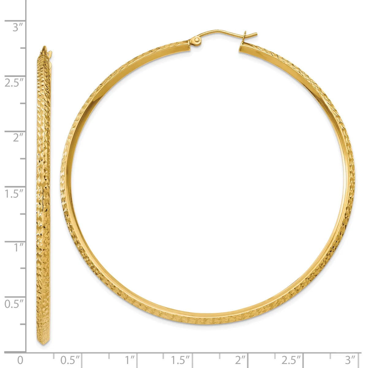 Gold textured hoop earrings shown from the front and side view with a measurement scale indicating they are approximately three inches in diameter.