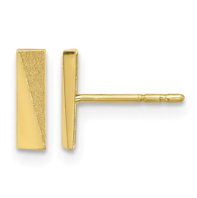 Pair of gold rectangular stud earrings with textured and polished finishes shown from front and side views.