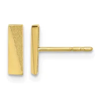 Pair of gold rectangular stud earrings with textured and polished finishes shown from front and side views.