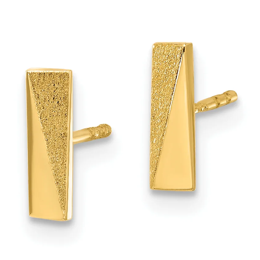 A pair of gold rectangular stud earrings with textured and polished surfaces, shown from the front and back angles.