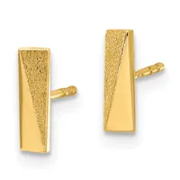 A pair of gold rectangular stud earrings with textured and polished surfaces, shown from the front and back angles.