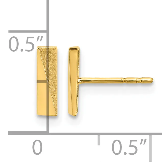 Pair of small gold rectangular stud earrings with textured and polished surfaces, shown against a measurement scale indicating approximately 0.5 inches in length.