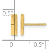 Pair of small gold rectangular stud earrings with textured and polished surfaces, shown against a measurement scale indicating approximately 0.5 inches in length.