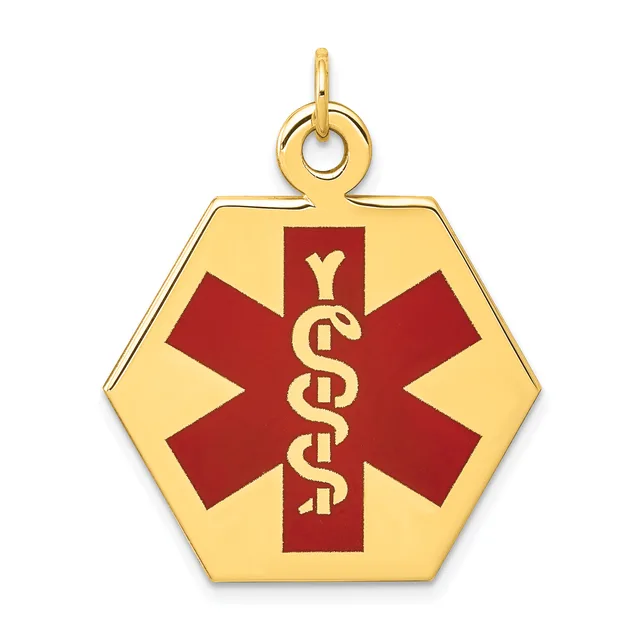 Gold hexagonal medical alert pendant with red cross and caduceus symbol, suspended from a gold loop bail.