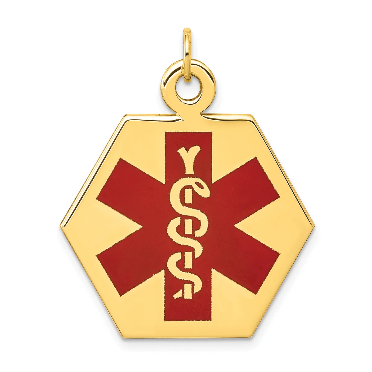 Gold hexagonal medical alert pendant with red cross and caduceus symbol, suspended from a gold loop bail.