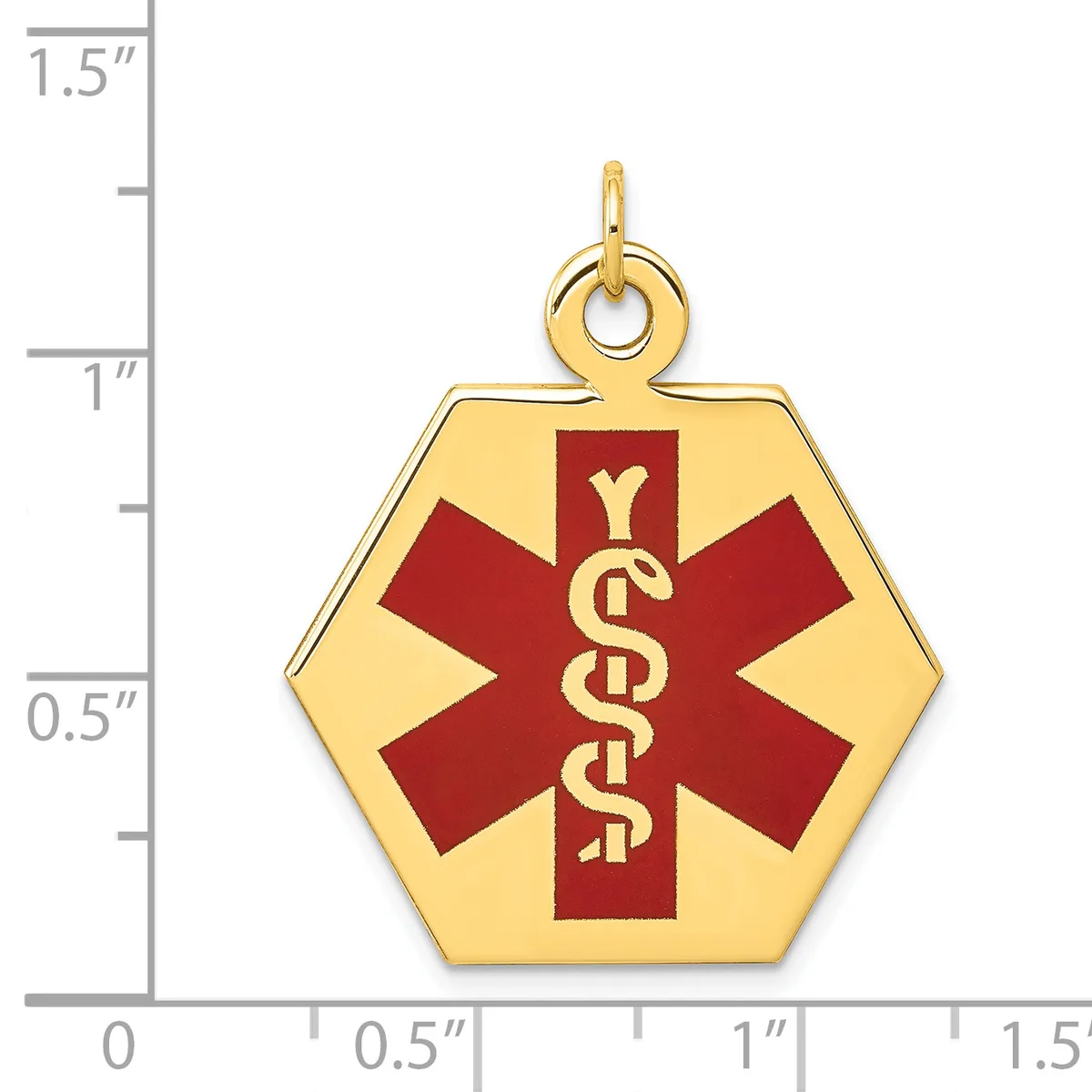 Gold-colored hexagonal medical alert pendant with red star of life symbol and caduceus, shown next to a ruler measuring approximately one inch wide.