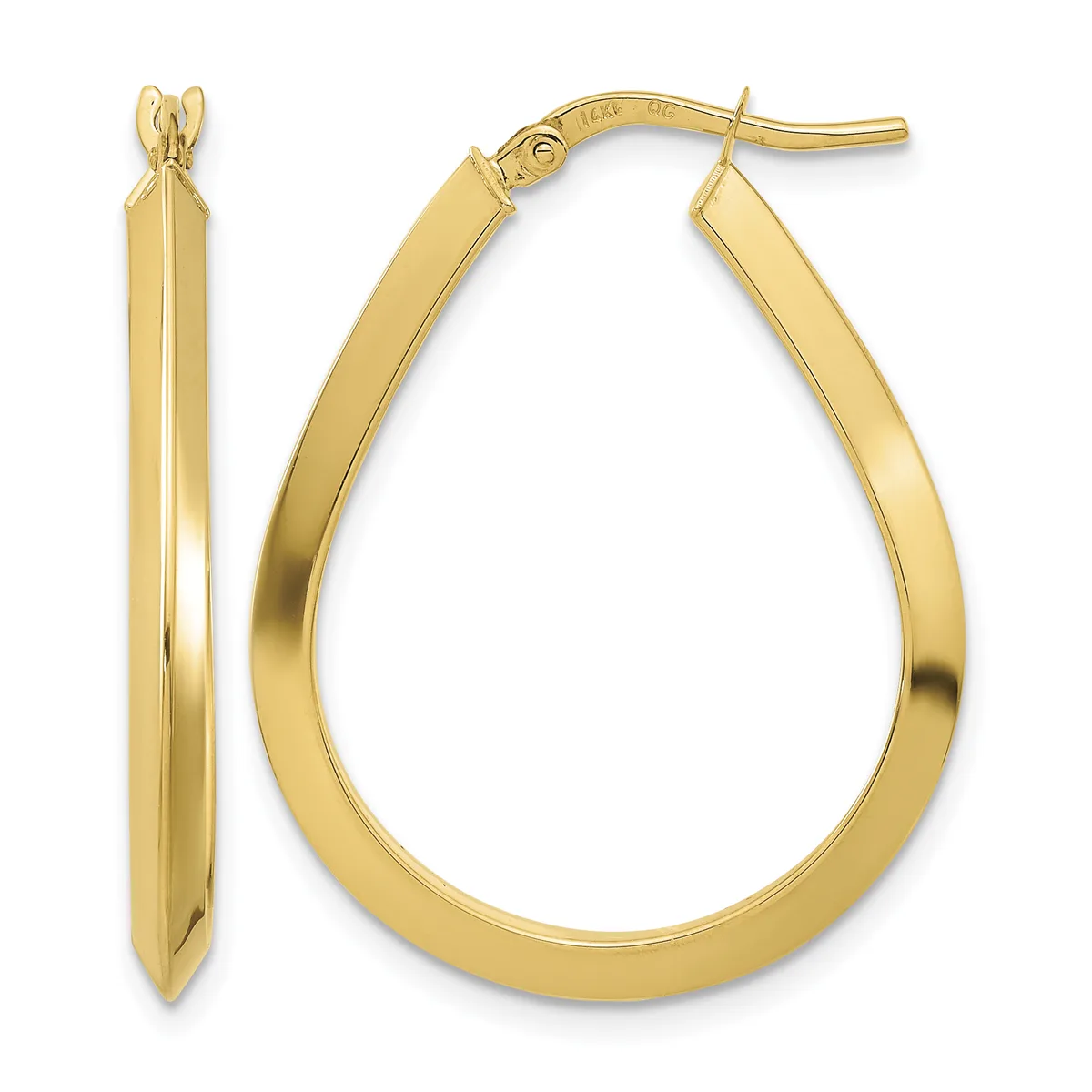 A pair of polished gold teardrop-shaped hoop earrings with a small hallmark, shown from front and side views.