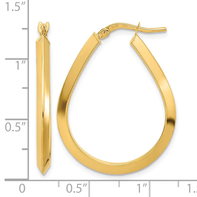 Gold-colored teardrop-shaped hoop earrings with a polished finish, shown with a measurement scale indicating approximately one inch in height.