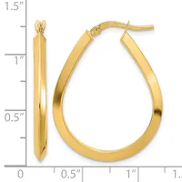 Gold-colored teardrop-shaped hoop earrings with a polished finish, shown with a measurement scale indicating approximately one inch in height.