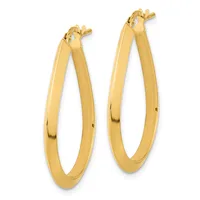 A pair of polished gold oval hoop earrings with a smooth, curved profile and posts with earring backs.