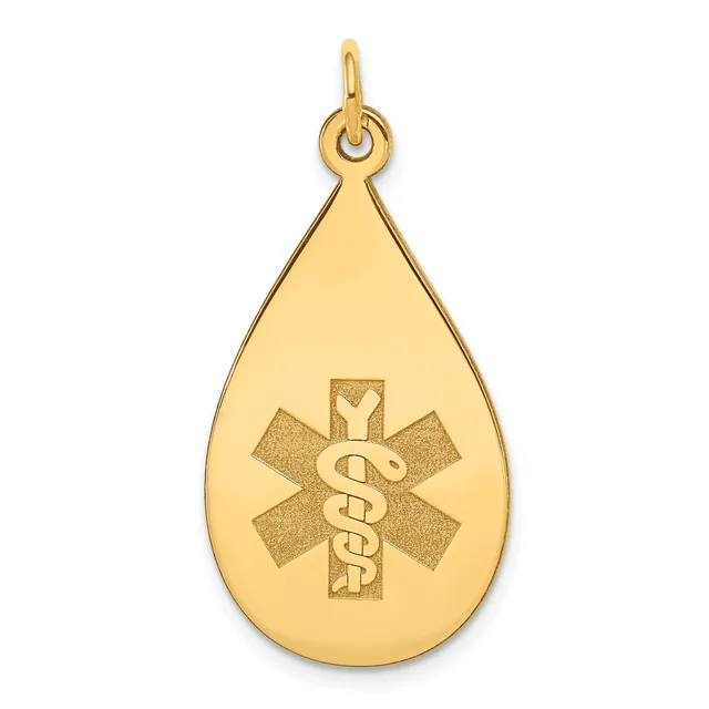 Gold teardrop pendant with a medical caduceus symbol engraved in the center, shown hanging from a small loop at the top.