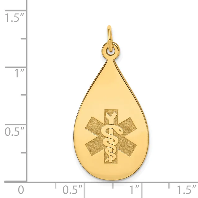 Gold teardrop pendant with medical symbol engraved on front, shown against a ruler measuring approximately 1.25 inches in length.