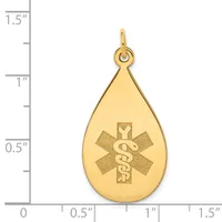 Gold teardrop pendant with medical symbol engraved on front, shown against a ruler measuring approximately 1.25 inches in length.