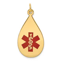 Gold teardrop-shaped medical alert pendant with a red Star of Life symbol and entwined serpent staff displayed against a white background.