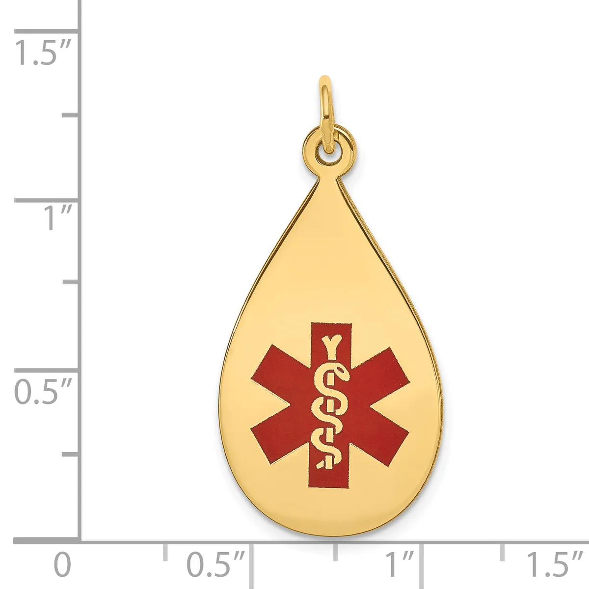 Gold teardrop pendant with red medical alert symbol containing a white staff and serpent, shown next to a ruler measuring approximately one inch tall.