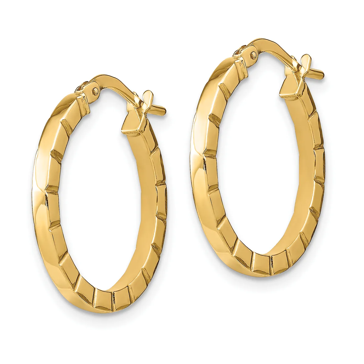 A pair of gold hoop earrings with a textured, segmented surface and post closures, displayed against a white background.