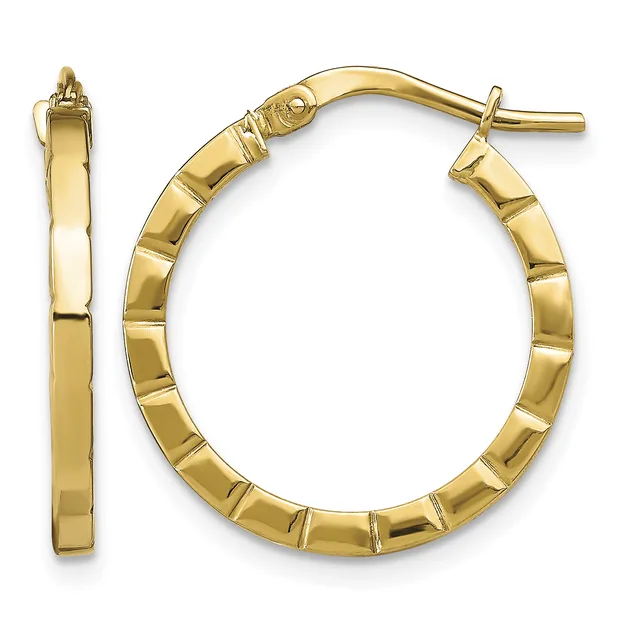 Pair of gold hoop earrings with a textured segmented surface and hinged closures, shown from the front and side views.