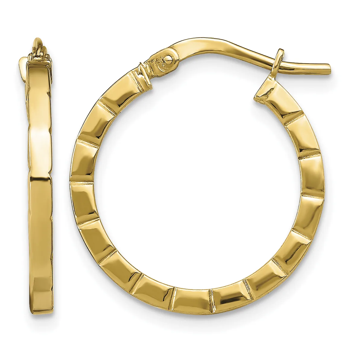 Pair of gold hoop earrings with a textured segmented surface and hinged closures, shown from the front and side views.