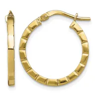 Pair of gold hoop earrings with a textured segmented surface and hinged closures, shown from the front and side views.