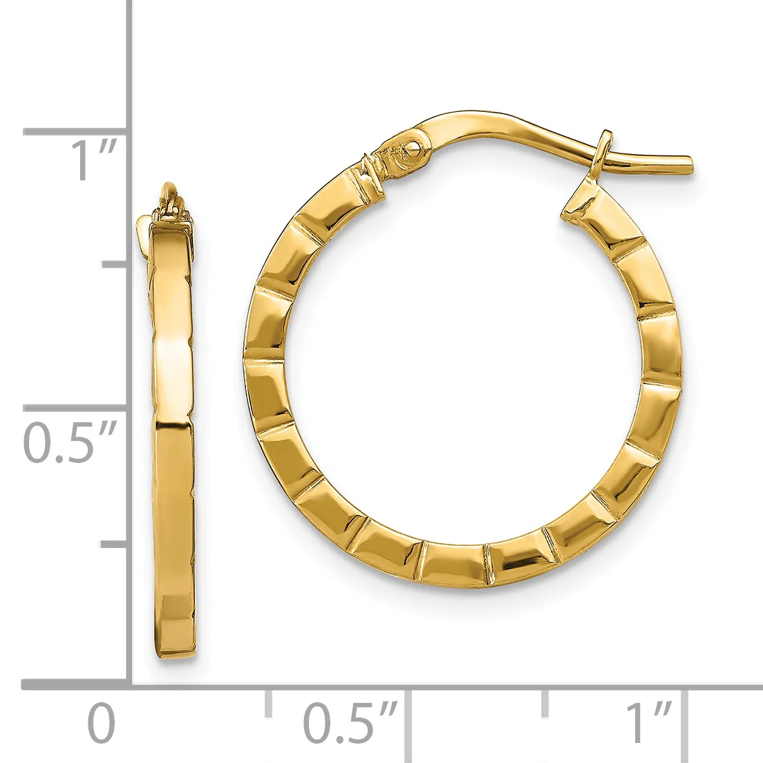 Polished gold-tone hoop earrings with textured segmented surface and post backs, shown next to a measurement ruler indicating approximately one inch in diameter.