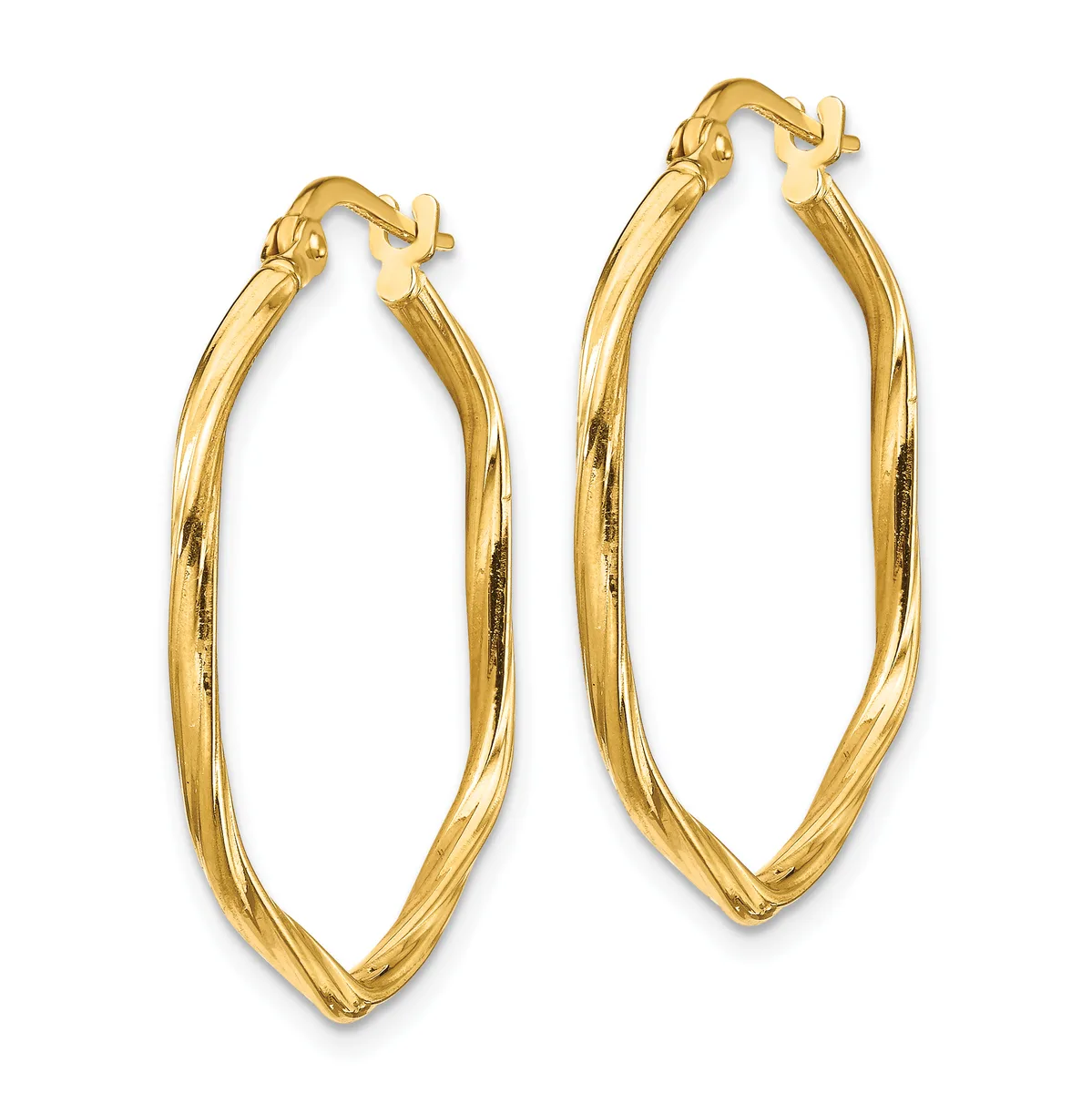 A pair of gold oval hoop earrings with a polished finish and hinged closures, displayed against a white background.