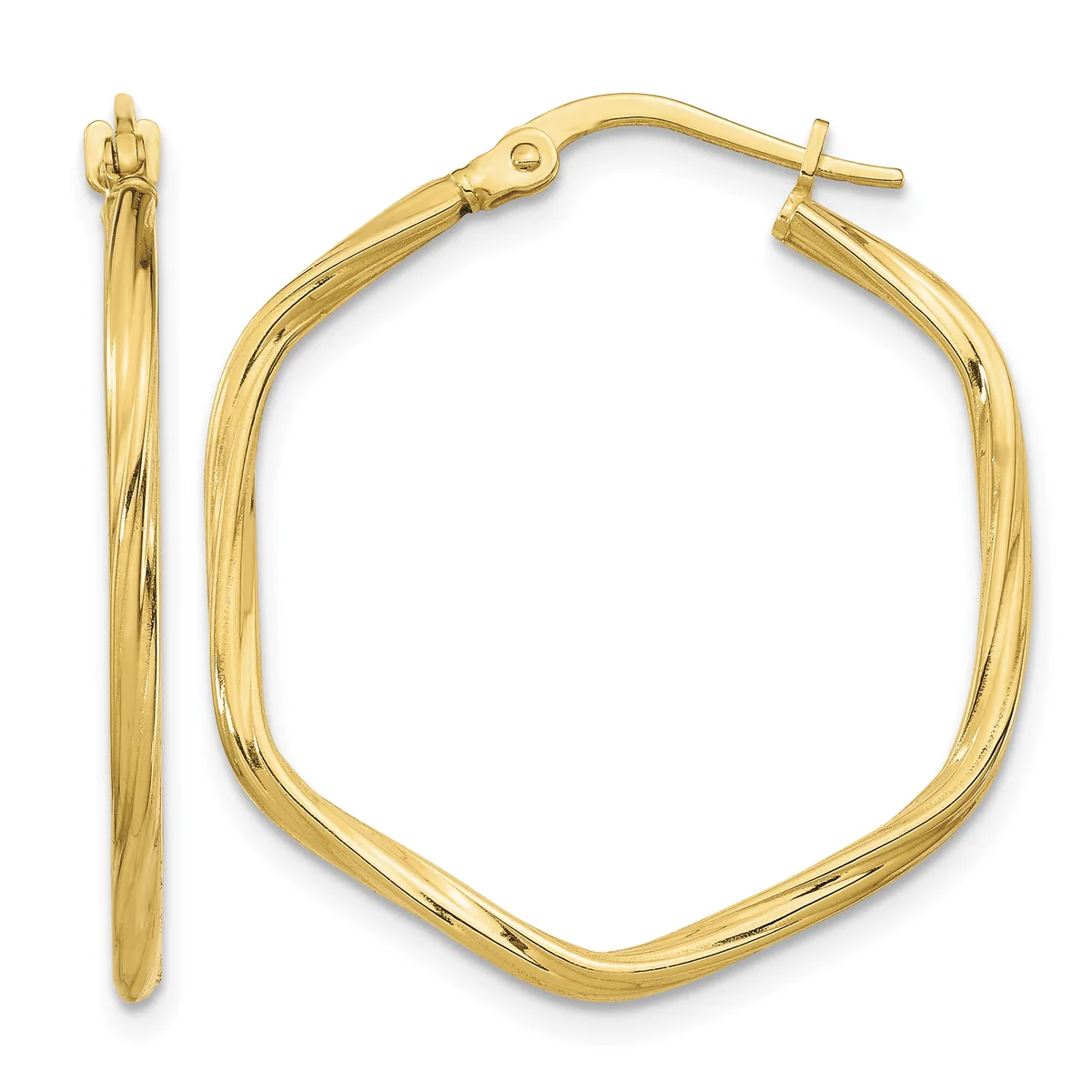 A pair of gold rectangular hoop earrings with slightly rounded corners and a polished finish, shown from the front and side.
