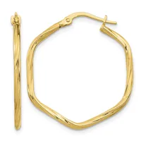 A pair of gold rectangular hoop earrings with slightly rounded corners and a polished finish, shown from the front and side.
