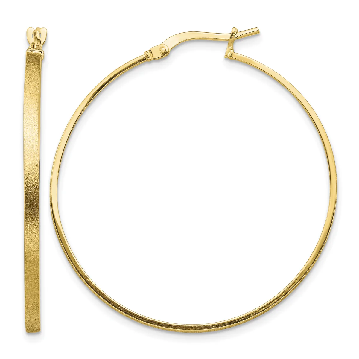 A pair of gold hoop earrings with a brushed finish and hinged post closures, shown from the front and side view.