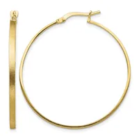 A pair of gold hoop earrings with a brushed finish and hinged post closures, shown from the front and side view.