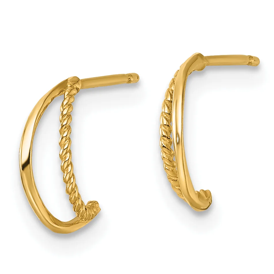 Pair of gold hoop earrings with twisted texture detail on the inner curve, shown from the front against a white background.