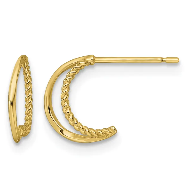Pair of gold hoop earrings with twisted texture on the inner curved surface and polished outer edge, shown from front and side angles.
