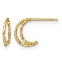Pair of gold hoop earrings with twisted texture on the inner curved surface and polished outer edge, shown from front and side angles.