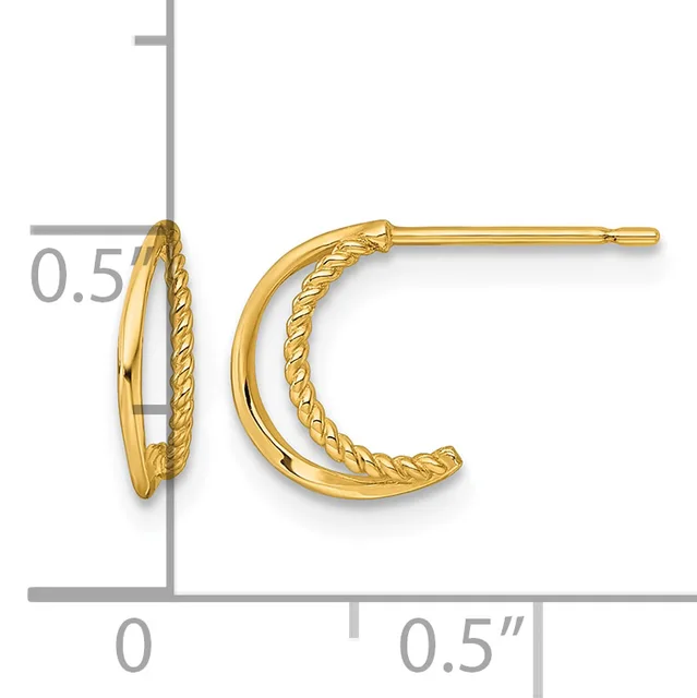A pair of gold hoop earrings with twisted texture on the inner curve, displayed next to a measurement scale showing approximately 0.5 inches in diameter.