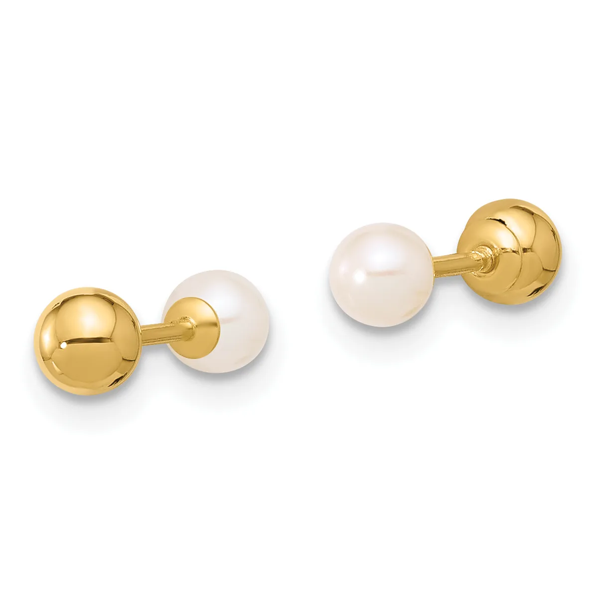 Pair of gold ball stud earrings with white pearl accents, shown from the front against a white background.