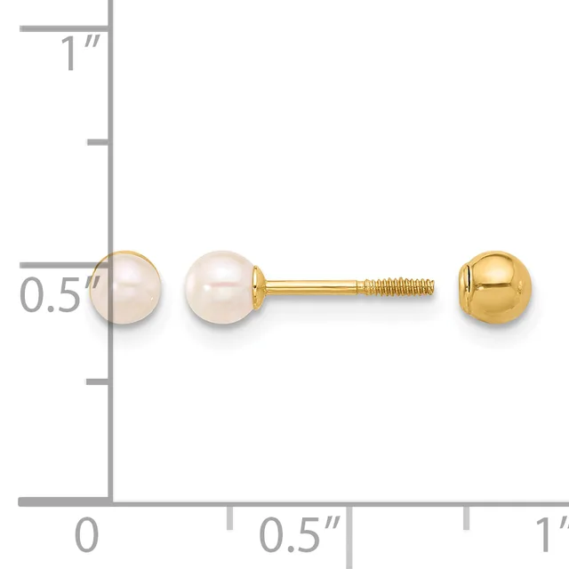 Gold stud earrings with round white pearl tops displayed next to a ruler showing measurements of approximately 0.5 inches in diameter.