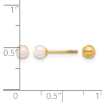 Gold stud earrings with round white pearl tops displayed next to a ruler showing measurements of approximately 0.5 inches in diameter.