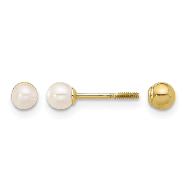 A pair of gold stud earrings with white pearl tops displayed next to a single matching gold sphere earring, all shown from the front and back views.