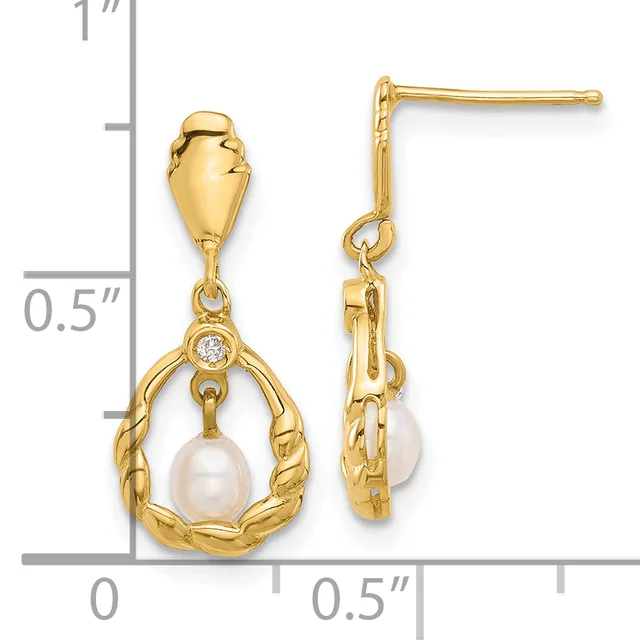 Gold teardrop earrings with pearl and diamond accents, shown with measurement scale indicating approximately one inch in length.