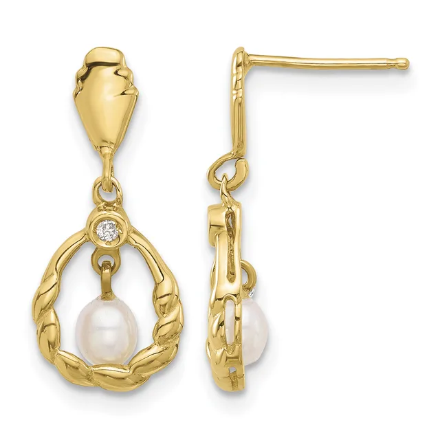 Pair of gold drop earrings with pearl and diamond accents, shown from front and side views.