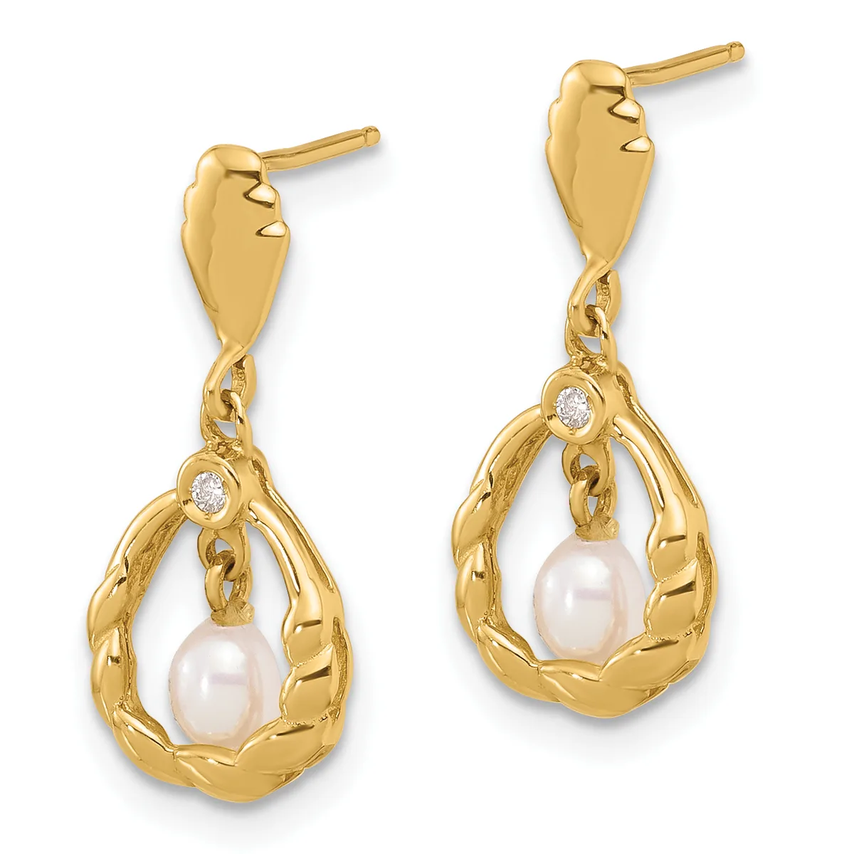 Pair of gold drop earrings with pearl centers surrounded by decorative twisted metal frames and small diamond accents, shown from the front.