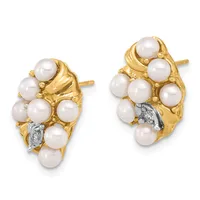 Pair of gold earrings with clustered white pearls and small diamond accents, shown from the front and back angles.