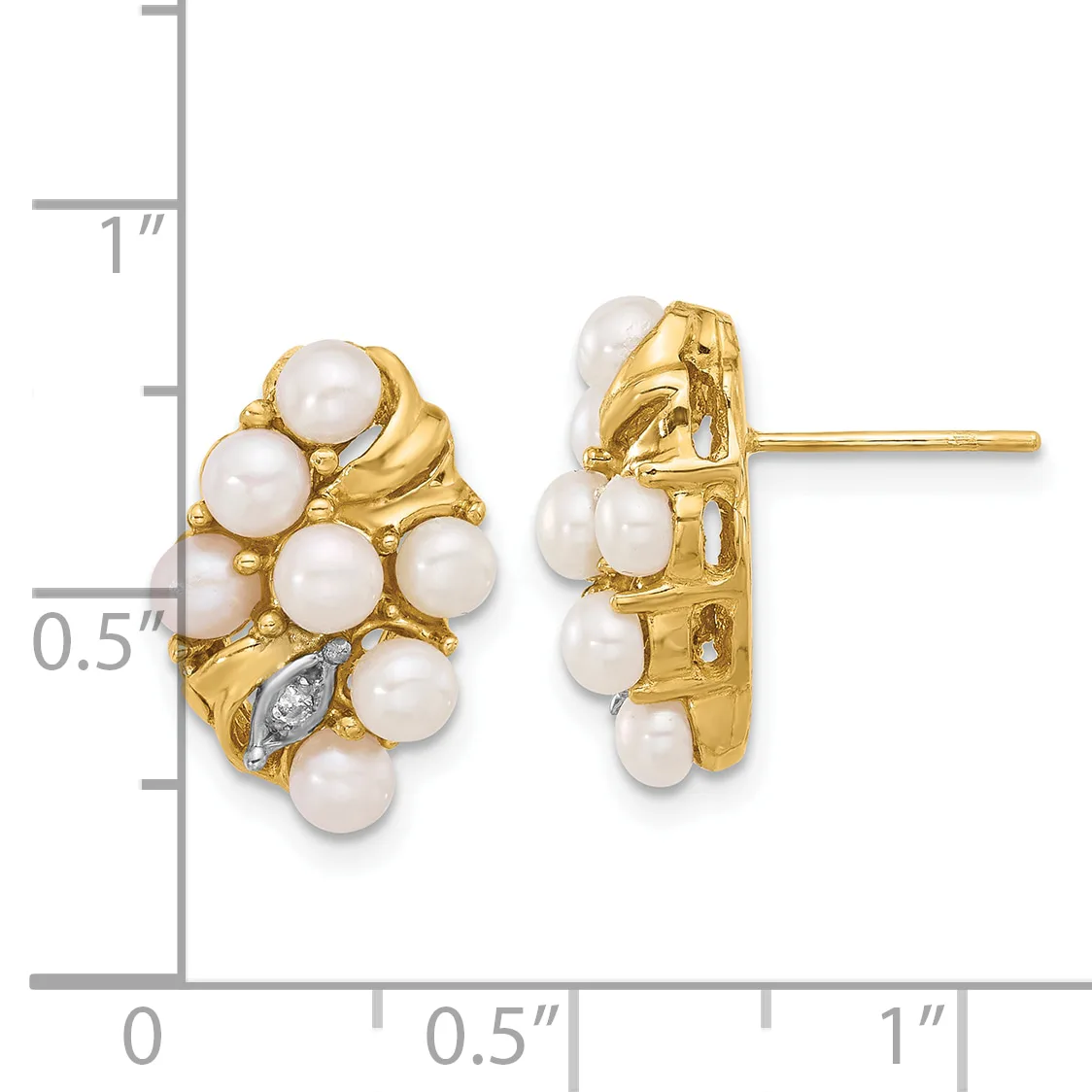 Gold earrings with clustered white pearls and diamond accents, shown from front and back views next to a measurement ruler.