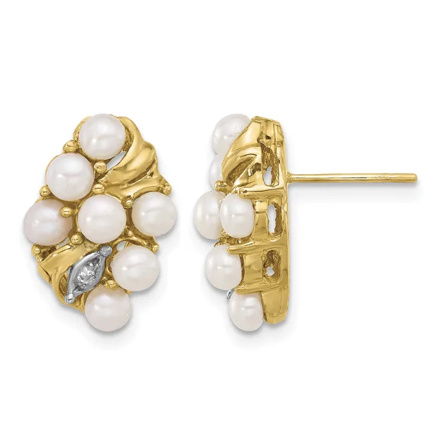 Pair of gold stud earrings featuring clustered white pearl spheres with diamond accents, shown from front and back views.