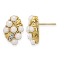 Pair of gold stud earrings featuring clustered white pearl spheres with diamond accents, shown from front and back views.